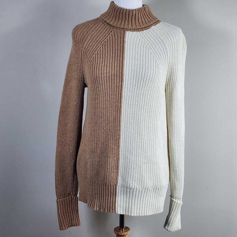 M&S Turtleneck Sweater Womens XS Camel Ivory Colorblock Ribbed Knit Wool Blend